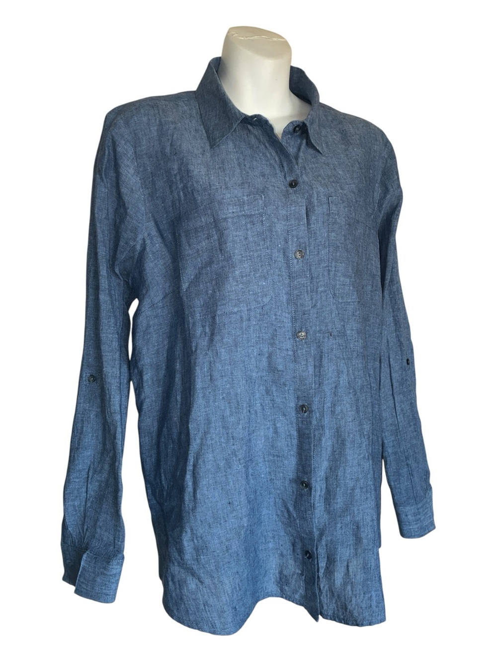 Charter Club 100% Linen Button-Down Shirt women's XL Denim Blue, side slits. Euc